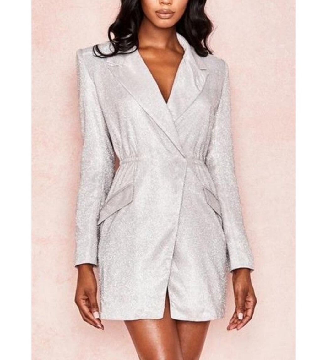 House of CB Shimmer Blazer Wrap Dress Small Silver Glam Sparkle Cocktail Party